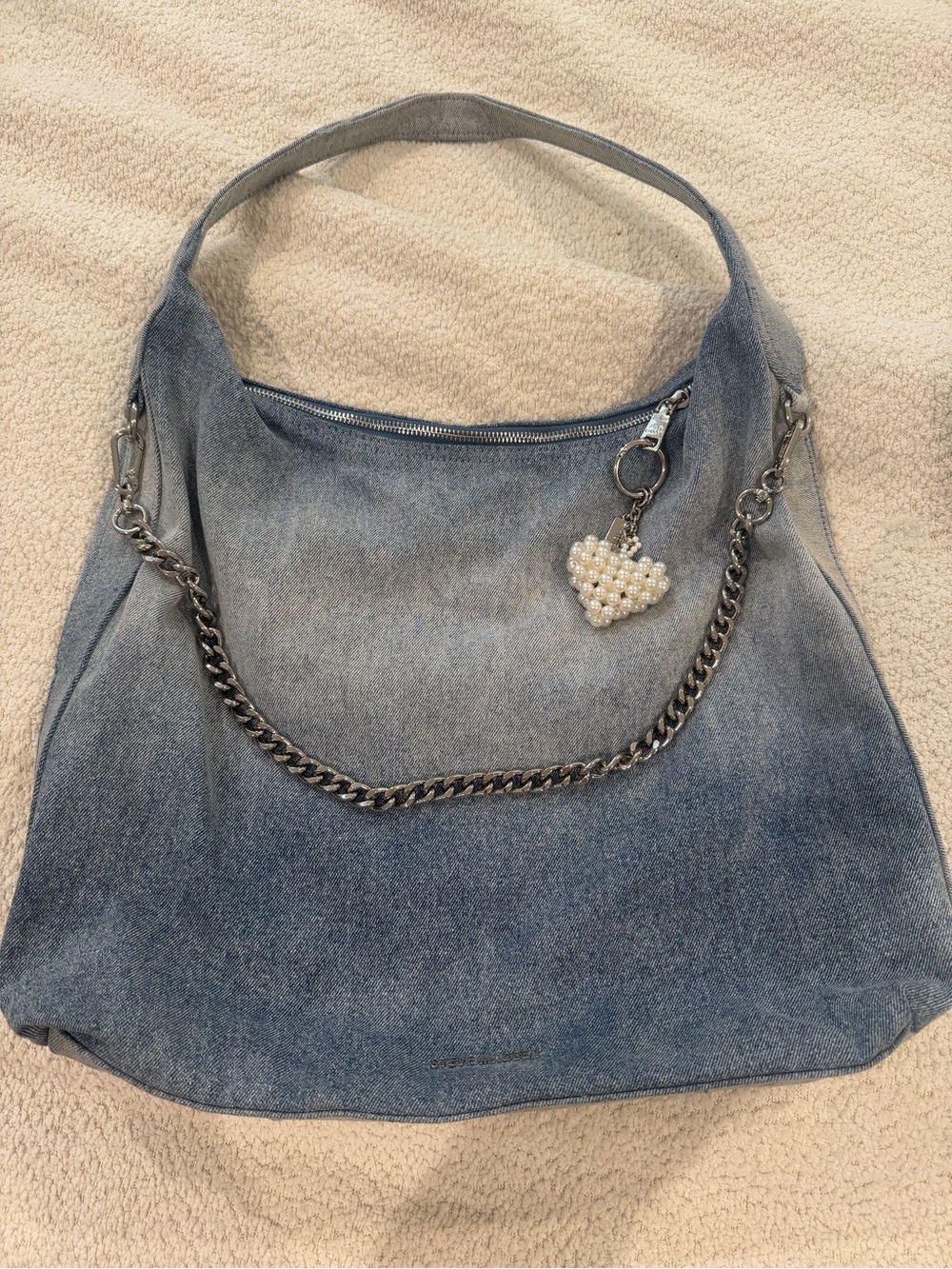 Steve Madden Denim Shoulder Bag in Light Blue with Silver Chain and charm